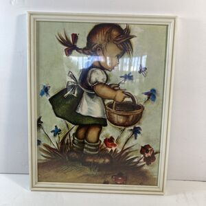 Vintage Framed Hummel Print cute Girl Basket Flowers home decor wall hanging